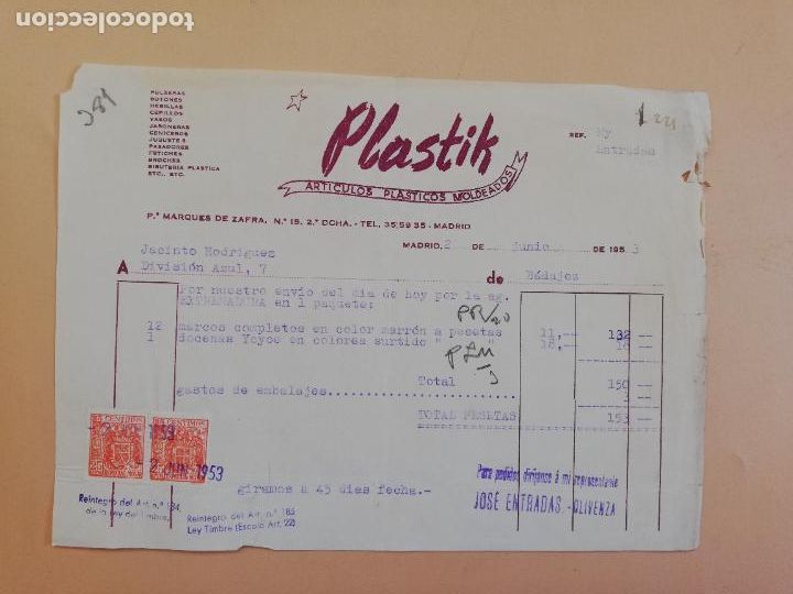 Fatture antiche: FACTURA. ARTICULOS PLASTICOS MOLDEADOS. PLASTIK. MADRID. 1953.