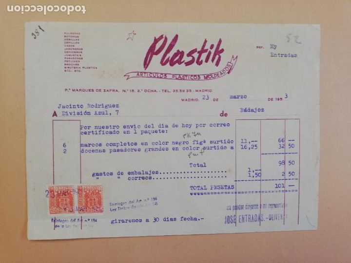 Fatture antiche: FACTURA. ARTICULOS PLASTICOS MOLDEADOS. PLASTIK. MADRID. 1953.