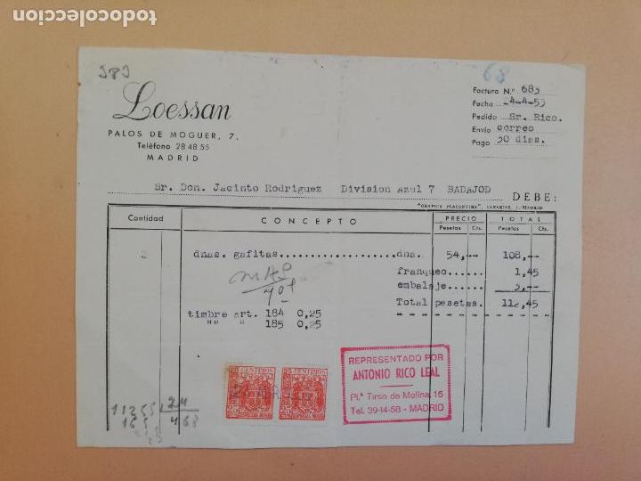 Fatture antiche: FACTURA. LOESSAM. MADRID. 1953.