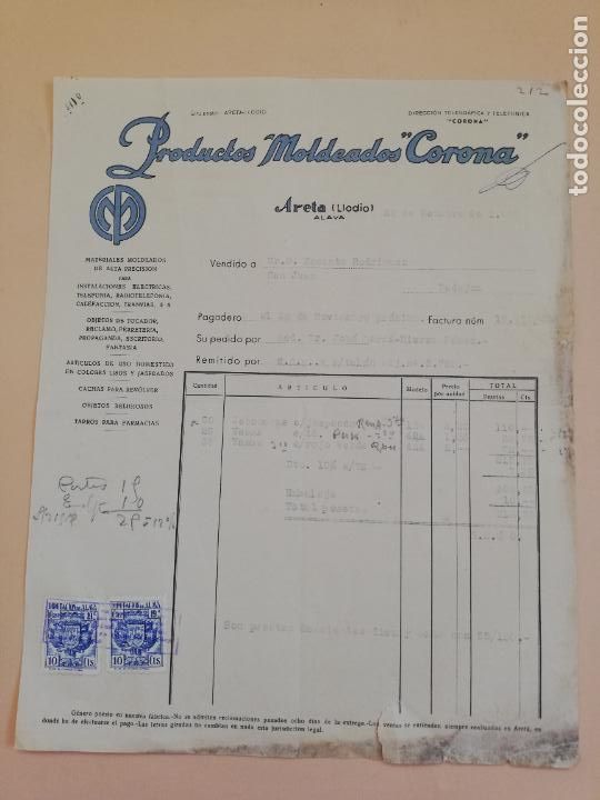 Fatture antiche: FACTURA. PRODUCTOS MOLDEADOS &rdquo;CORONA&rdquo;. INSTALACIONES ELECTRICAS. ARETA ( LLODIO), ALAVA. 1953.
