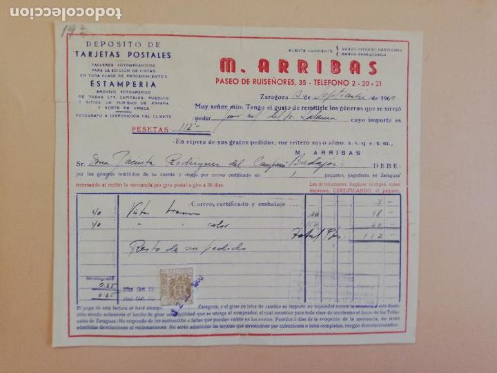 Fatture antiche: FACTURA. DEPOSITO DE TARJETAS POSTALES. ESTAMPERIA. M. ARRIBAS. ZARAGOZA. 1960.