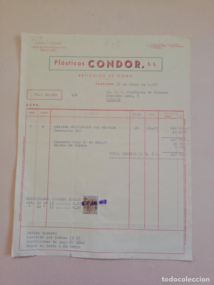 Fatture antiche: FACTURA. PLASTICAS CONDOR, S. L. ARTICULOS DE GOMA. PAMPLONA. 1958.