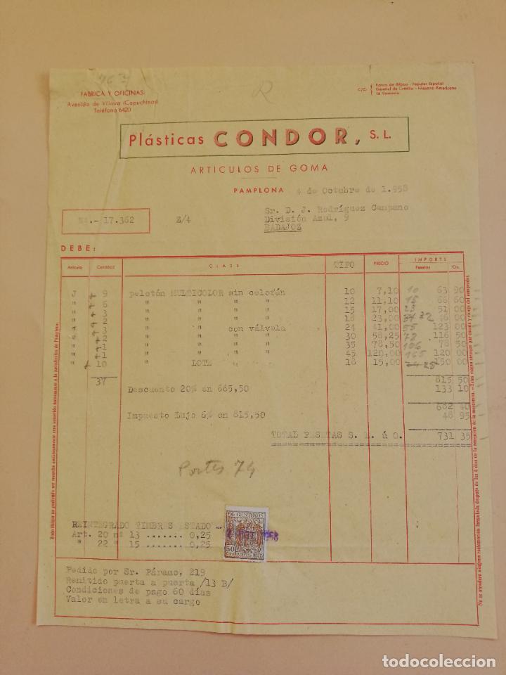 Fatture antiche: FACTURA. PLASTICAS CONDOR, S. L. ARTICULOS DE GOMA. PAMPLONA. 1958.