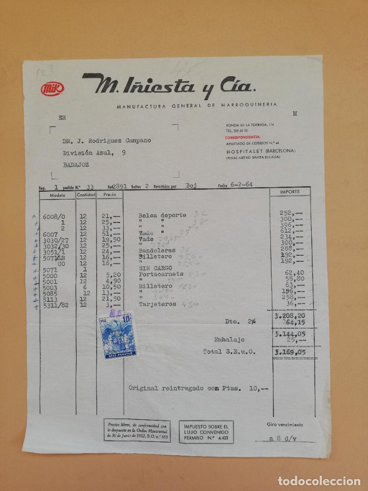 Fatture antiche: FACTURA. MANUFACTURA GENERAL DE MARROQUINERIA. MIK, M. I&Ntilde;IESTA Y CIA. HOSPITALET, BARCELONA, 1964.
