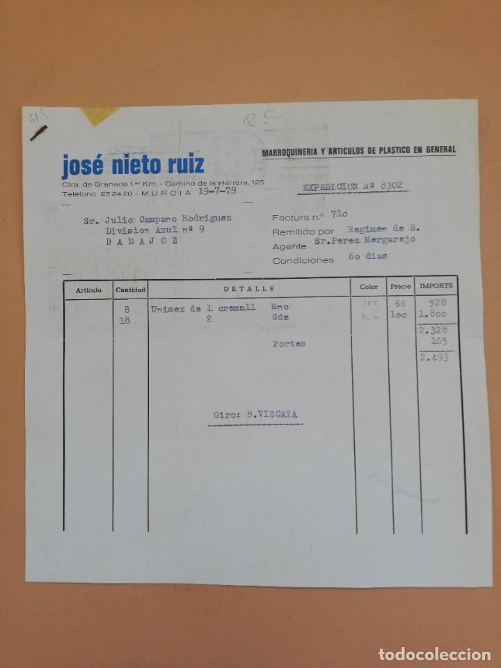 Alte Rechnungen: FACTURA. MARROQUINERIA Y ARTICULOS DE PLASTICO EN GENERAL. JOSE NIETO RUIZ. MURCIA. 1979.