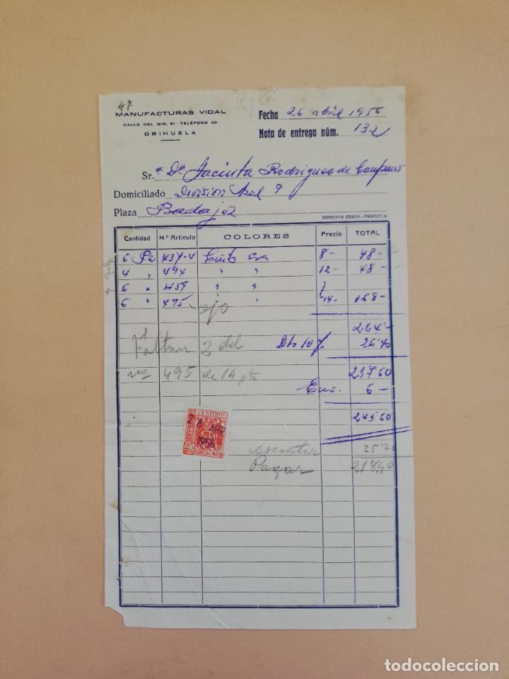 Alte Rechnungen: FACTURA. MANUFACTURAS VIDAL. ORIHUELA. 1956.