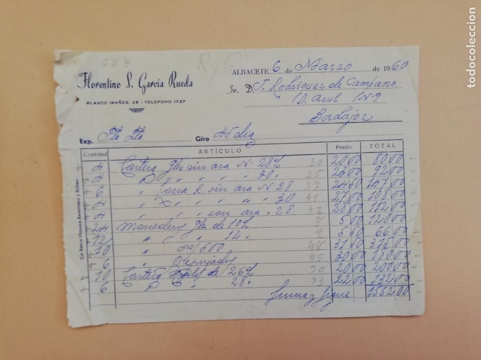 Alte Rechnungen: FACTURA. FLORENTINO S. GARCIA RUEDA. ALBACETE. 1960. DOS HOJAS.
