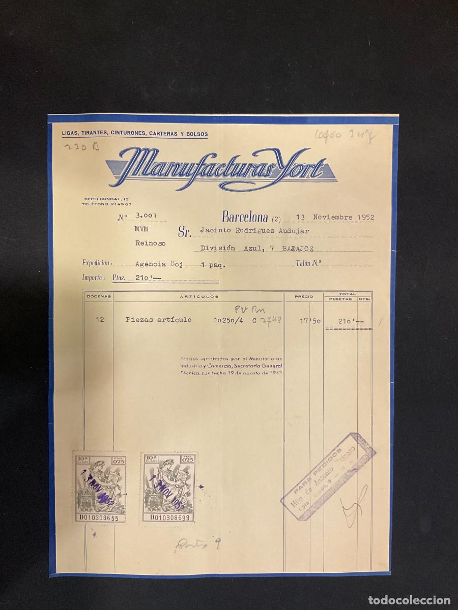 Alte Rechnungen: FACTURA. MANUFACTURAS YORT. LIGAS. TIRANTES. BARCELONA. 1952