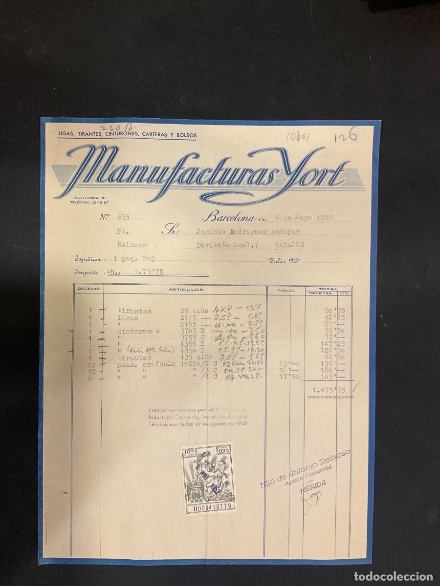 Alte Rechnungen: FACTURA. MANUFACTURAS YORT. LIGAS. TIRANTES. BARCELONA. 1952