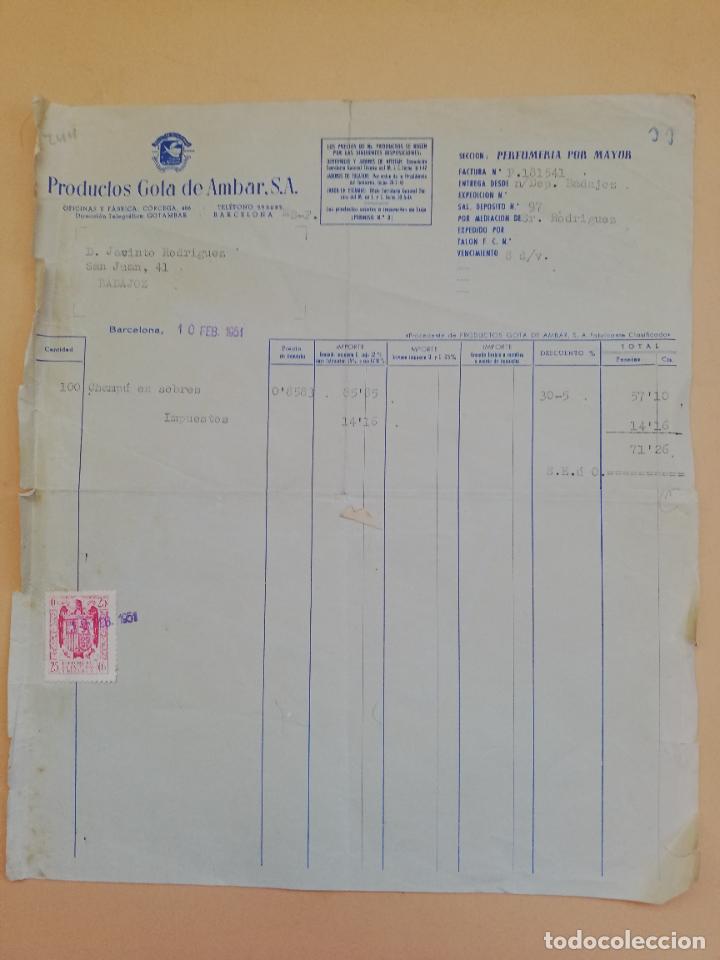 Facturas antiguas: FACTURA. PRODUCTOS GOTA DE AMBAR, S. A. BARCELONA. 1951.