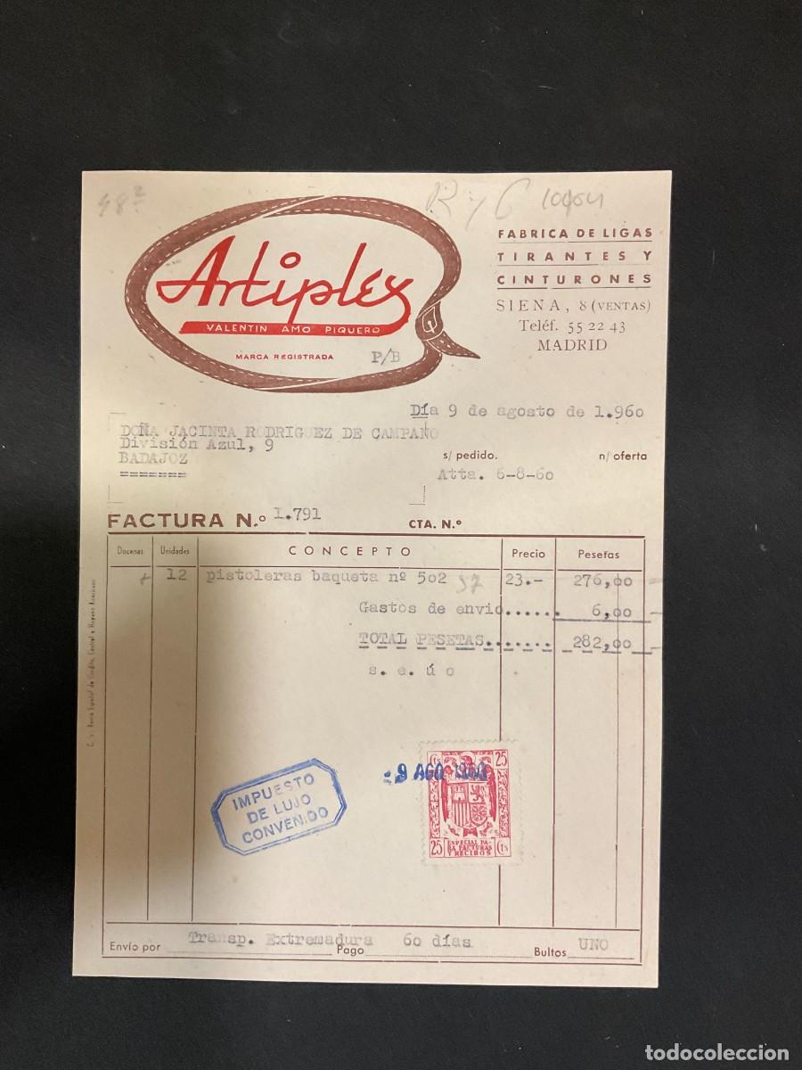 Alte Rechnungen: FACTURA. ARTIPALES. VALENTIN AMO PIQUERO. MADRID. FABRICA DE LIGAS. 1960
