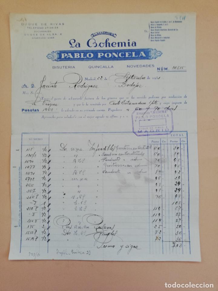 Alte Rechnungen: FACTURA. ALMACENES LA BOHEMIA. PABLO PONCELA. MADRID. 1951.