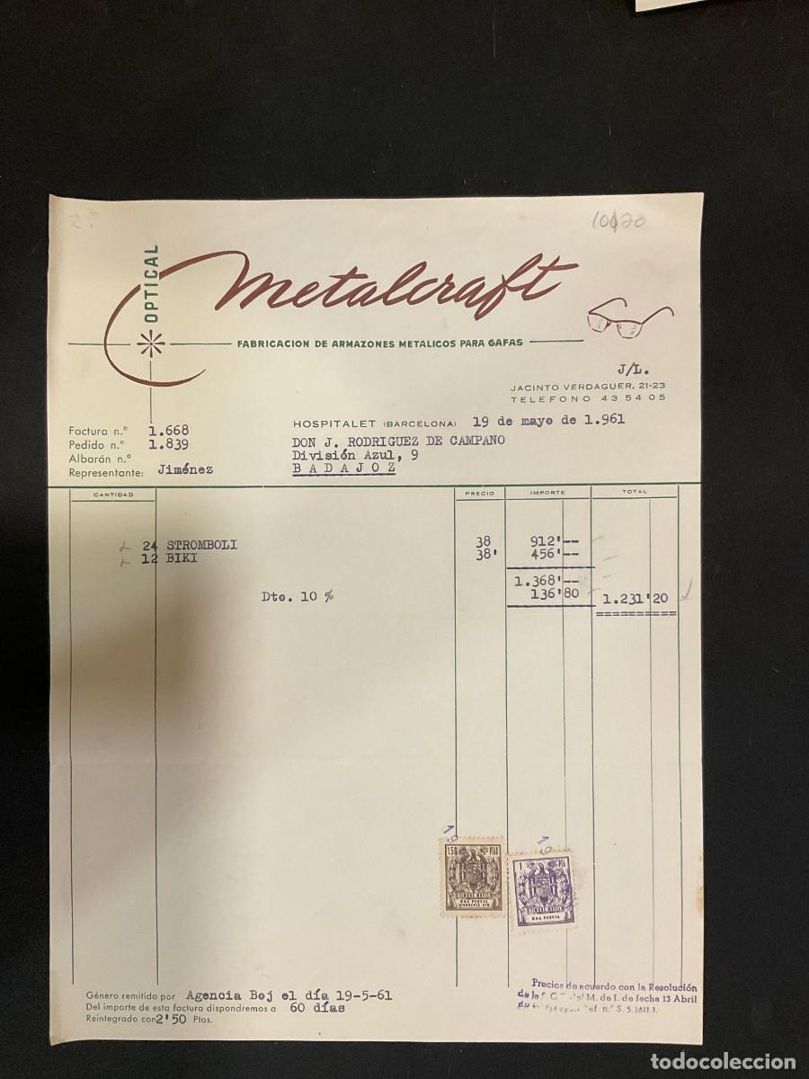 Alte Rechnungen: FACTURA. METALCRAFT. OPTICAL. ARMAZONES METALICOS PARA GAFAS. HOSPITALET. BARCELONA. 1961