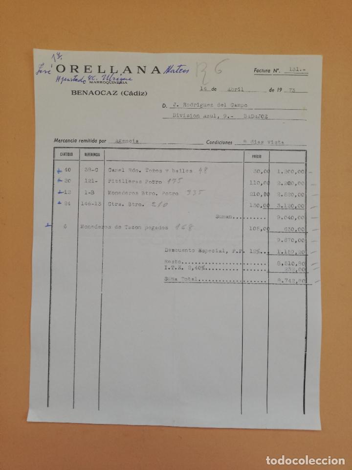 Alte Rechnungen: FACTURA. JOSE ORELLANA MATEOS. MARROQUINERIA. BENAOCAZ, CADIZ. 1973.