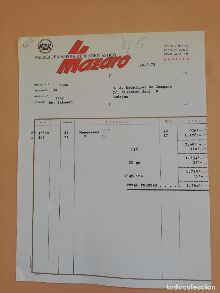 Alte Rechnungen: FACTURA. FABRICA DE MARROQUINERIA DE PLASTICO. MAZARO. SEVILLA. 1973.