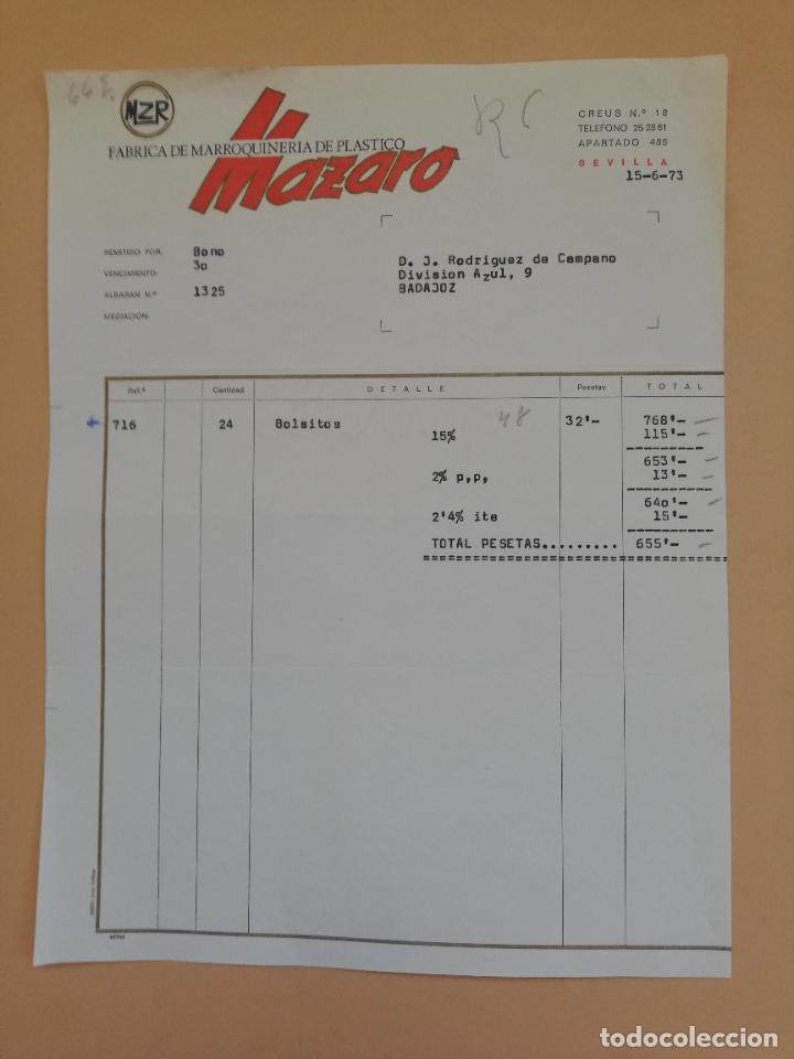 Alte Rechnungen: FACTURA. FABRICA DE MARROQUINERIA DE PLASTICO. MAZARO. SEVILLA. 1973.