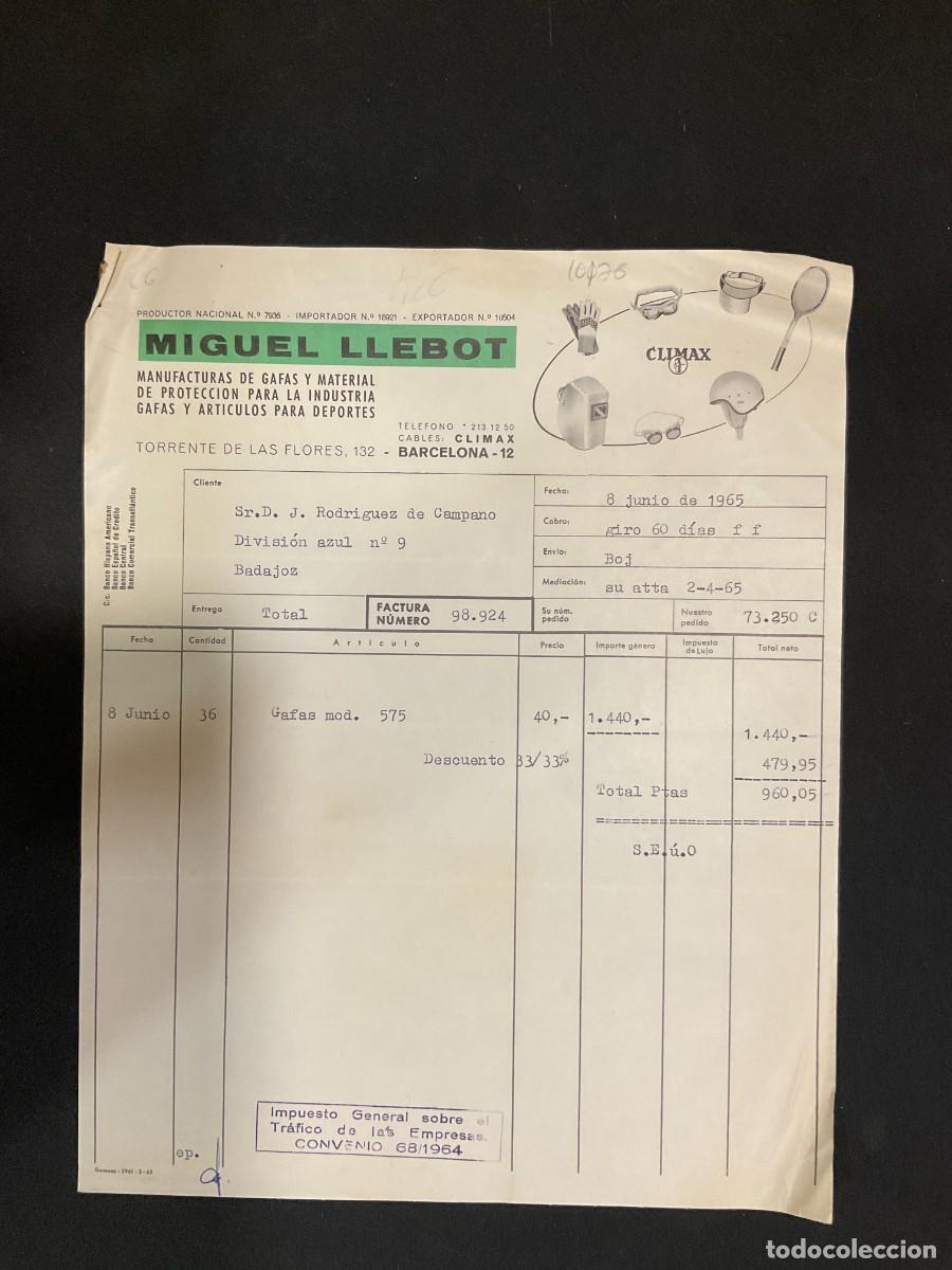 Alte Rechnungen: FACTURA. MIGUEL LLEBOT. BARCELONA. GAFAS. ARTICULOS DE PLASTICO. 1965