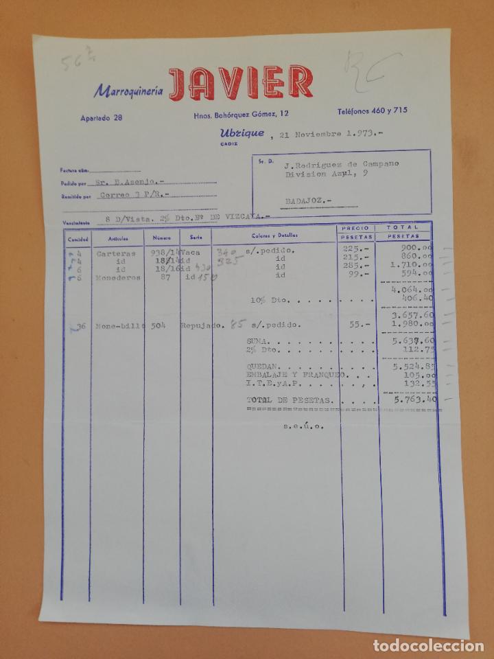 Alte Rechnungen: FACTURA. MARROQUINERIA JAVIER. UBRIQUE, CADIZ. 1973.