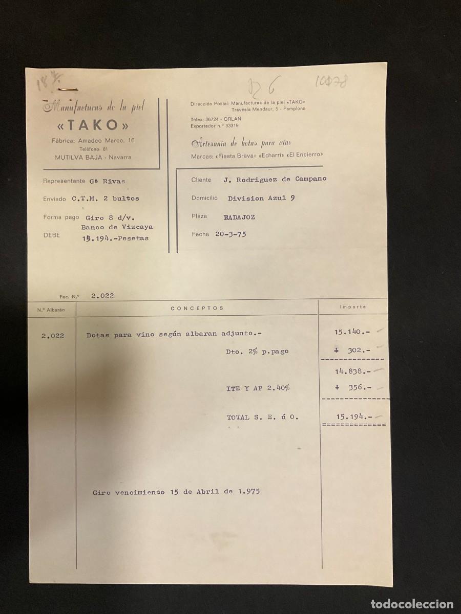 Alte Rechnungen: FACTURA. MANUFACTUAS DE LA PIEL. TAKO. MUTILVA BAJA. NAVARRA. 1975. BOTAS DE VINO.