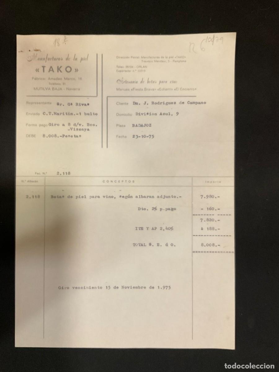 Alte Rechnungen: FACTURA. MANUFACTUAS DE LA PIEL. TAKO. MUTILVA BAJA. NAVARRA. 1975. BOTAS DE VINO.