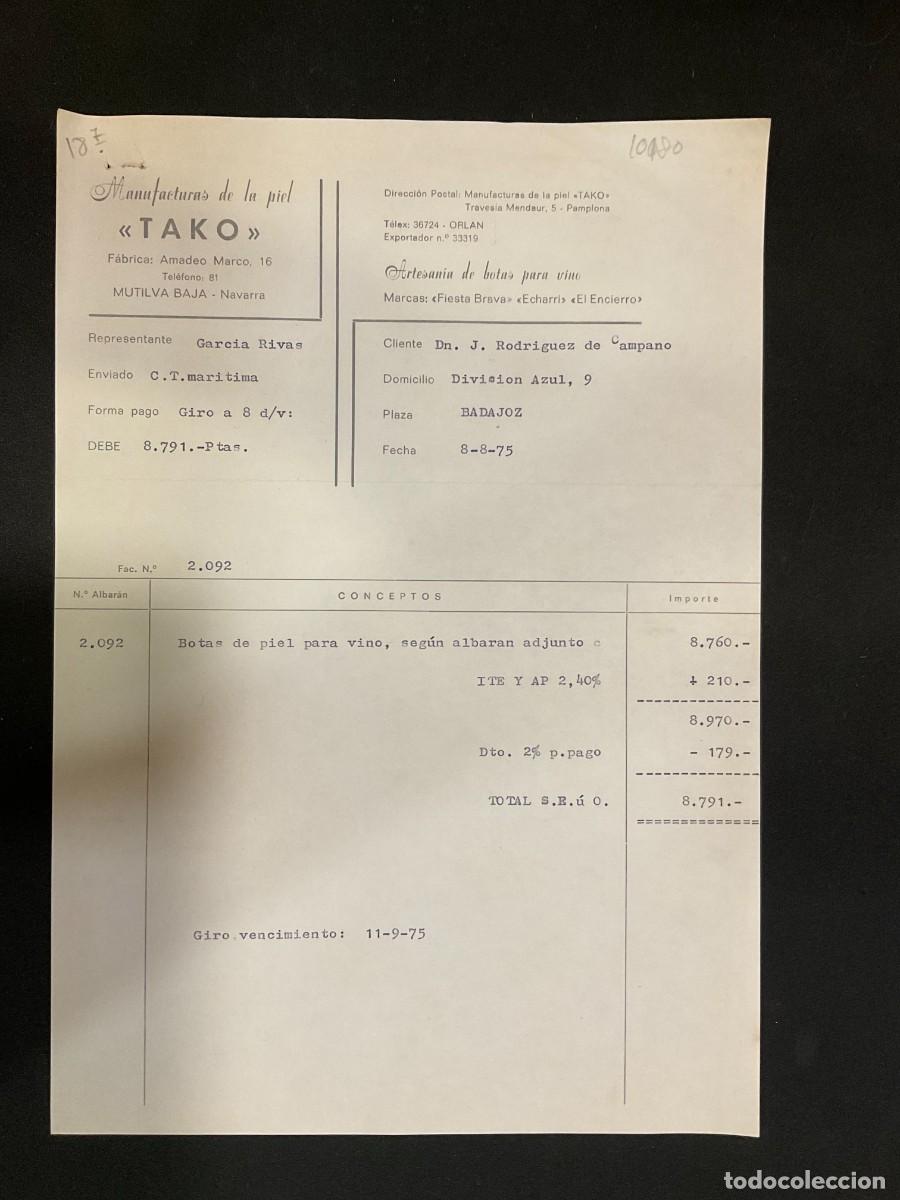 Alte Rechnungen: FACTURA. MANUFACTUAS DE LA PIEL. TAKO. MUTILVA BAJA. NAVARRA. 1975. BOTAS DE VINO.
