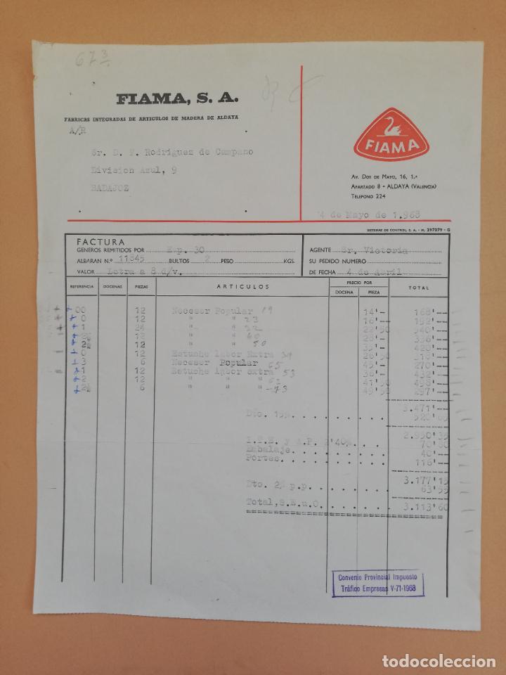 Alte Rechnungen: FACTURA. FABRICAS INTEGRADAS DE ARTICULOS DE MADERA DE ALDAYA. FIAMA. ALDAYA, VALENCIA. 1968.