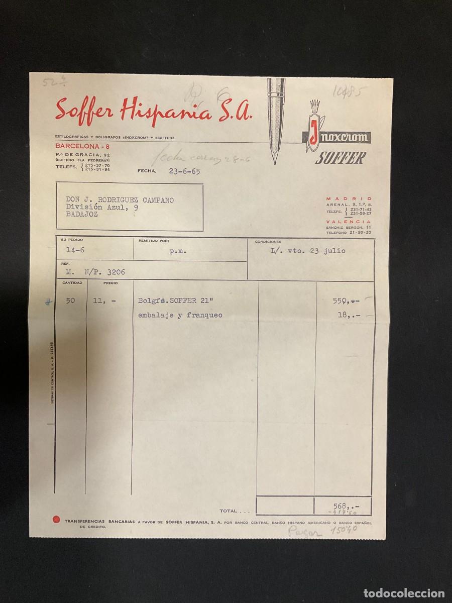 Alte Rechnungen: FACTURA. SOFFER HISPANIA. BOLIGRAFOS INOXCROM. BARCELONA. 1965.
