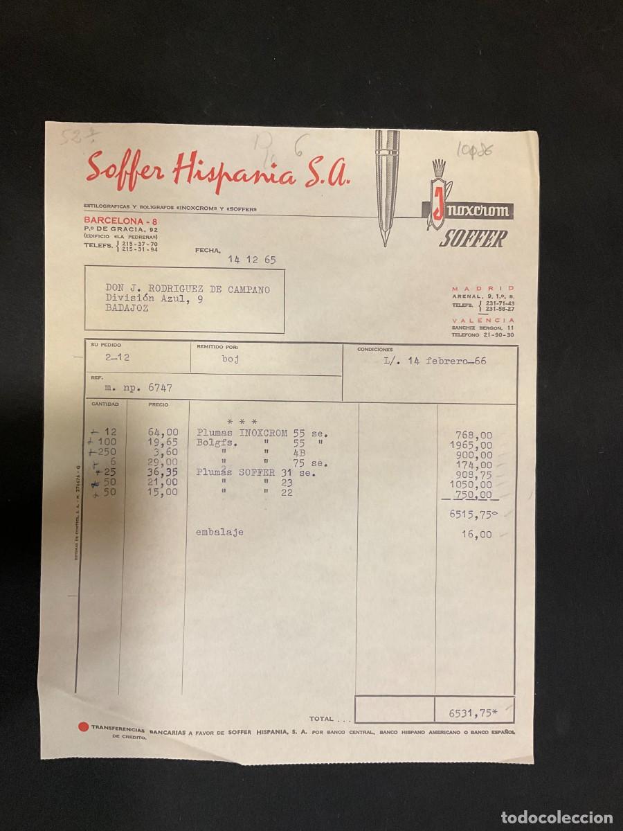 Alte Rechnungen: FACTURA. SOFFER HISPANIA. BOLIGRAFOS INOXCROM. BARCELONA. 1965.
