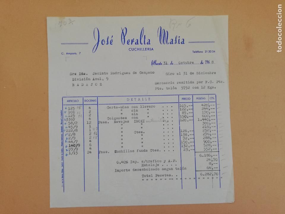 Alte Rechnungen: FACTURA. CUCHILLERIA. JOSE PERALTA MASIA. ALBACETE, 1968.