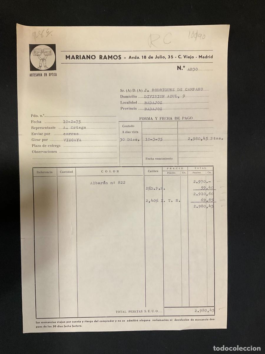 Alte Rechnungen: FACTURA. MARIANO RAMOS. ARTESANIA EN OPTICA. MADRID. 1975.