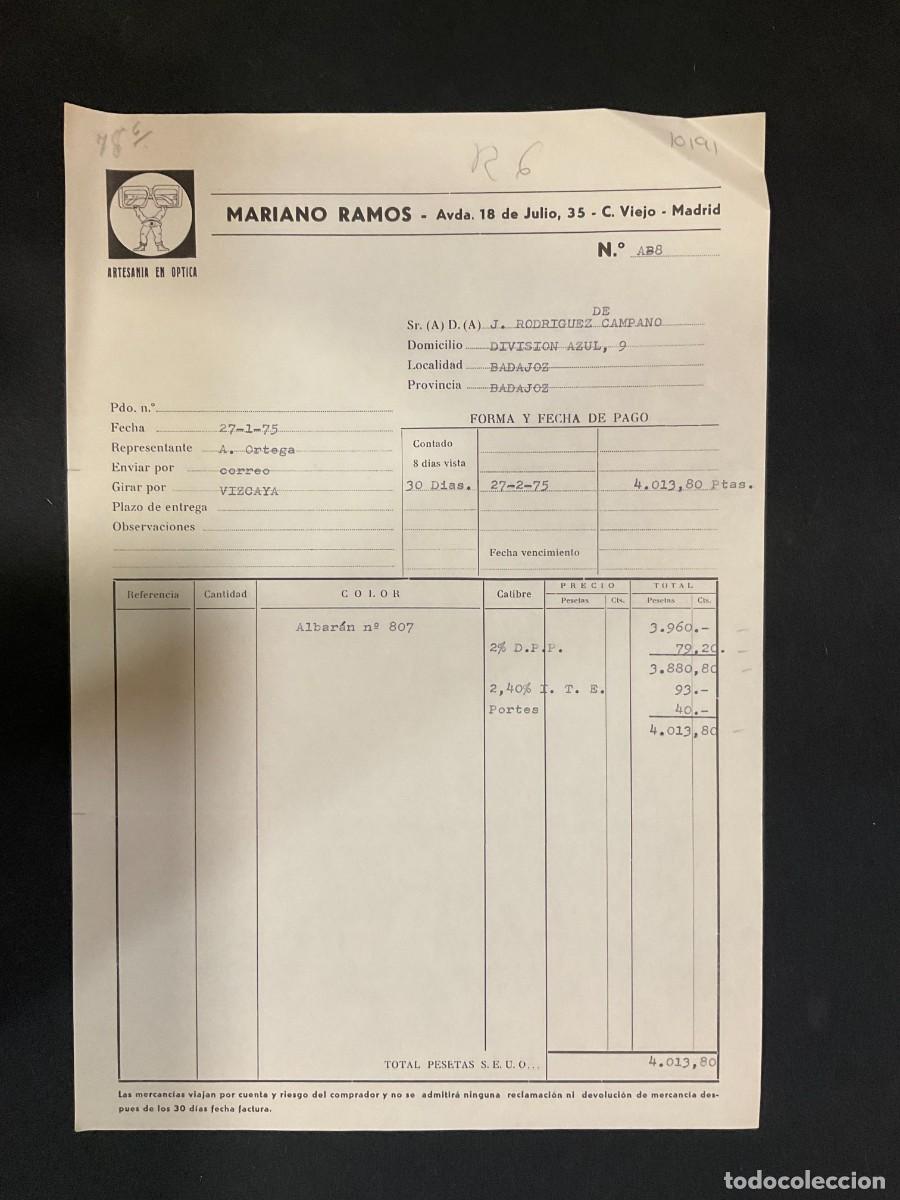 Alte Rechnungen: FACTURA. MARIANO RAMOS. ARTESANIA EN OPTICA. MADRID. 1975.