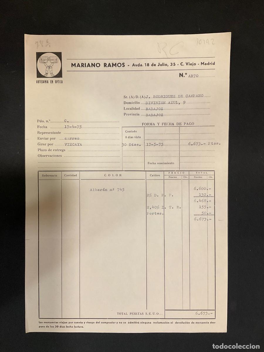 Alte Rechnungen: FACTURA. MARIANO RAMOS. ARTESANIA EN OPTICA. MADRID. 1975.