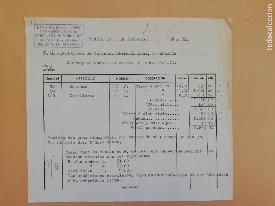Alte Rechnungen: FACTURA. AGENTE COMERCIAL COLEGIADO. JOAQUIN LEON LOPEZ. MADRID, 1970.