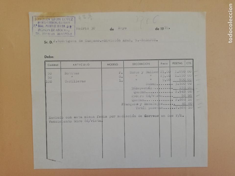 Alte Rechnungen: FACTURA. AGENTE COMERCIAL COLEGIADO. JOAQUIN LEON LOPEZ. MADRID, 1970.