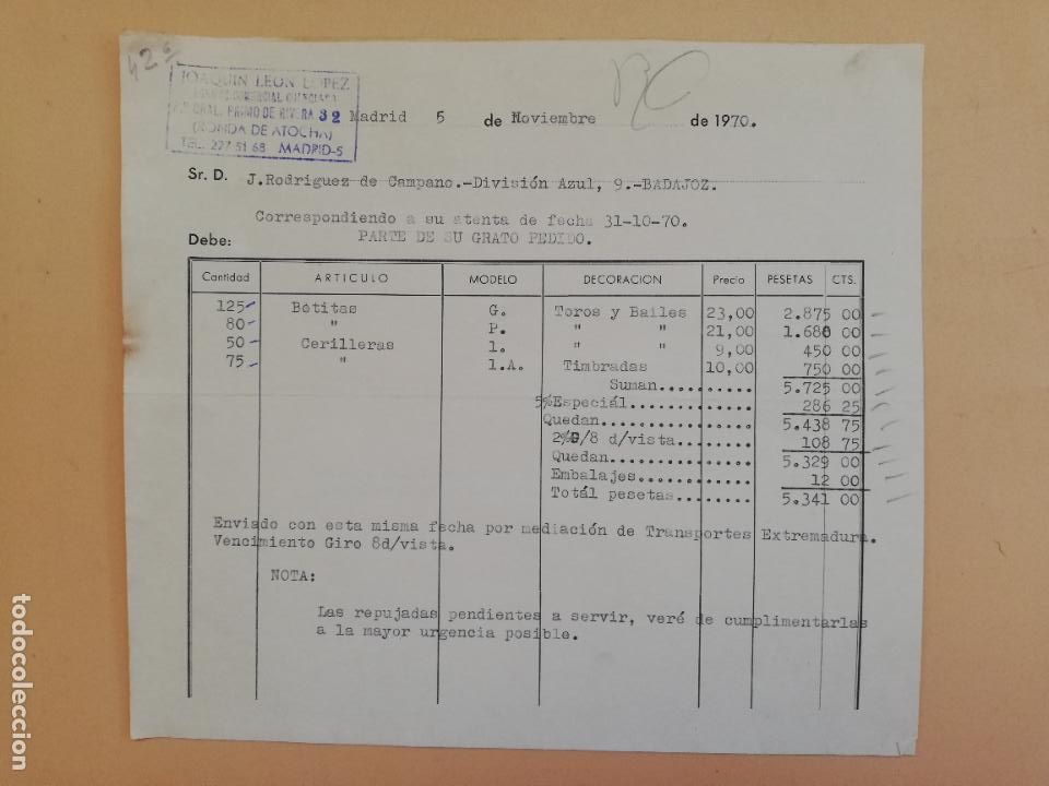 Alte Rechnungen: FACTURA. AGENTE COMERCIAL COLEGIADO. JOAQUIN LEON LOPEZ. MADRID, 1970.
