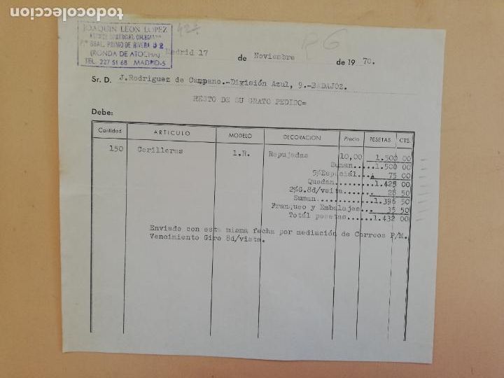 Alte Rechnungen: FACTURA. AGENTE COMERCIAL COLEGIADO. JOAQUIN LEON LOPEZ. MADRID, 1970.