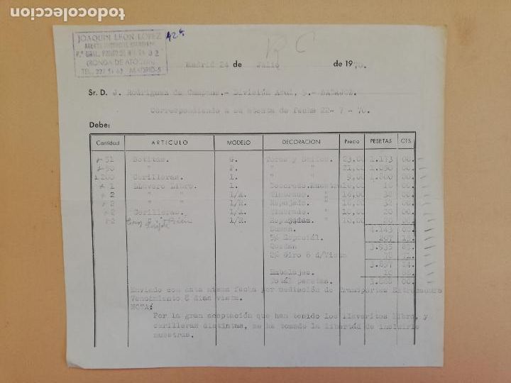 Faturas antigas: FACTURA. AGENTE COMERCIAL COLEGIADO. JOAQUIN LEON LOPEZ. MADRID, 1970.