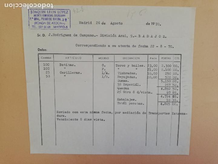 Fatture antiche: FACTURA. AGENTE COMERCIAL COLEGIADO. JOAQUIN LEON LOPEZ. MADRID, 1970.
