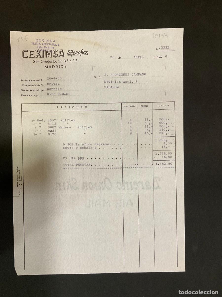 Fatture antiche: FACTURA. CEXIMSA. SFEROFLEX. MADRID. 1966. MADERA.