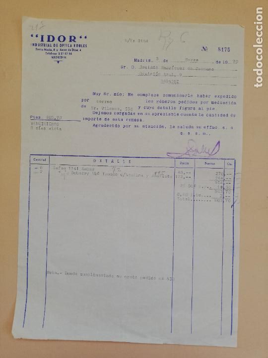 Fatture antiche: FACTURA. IDOR. INDUSTRIAL DE OPTICA ROBLES. MADRID, 1970.