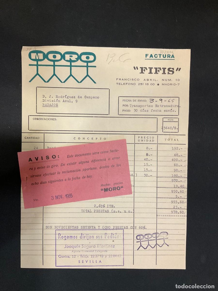 Fatture antiche: FACTURA. FIFIS. MORO. 1965. MADRID. FRANCISCO ABRIL 10. BANDERINES. PEPITOS.