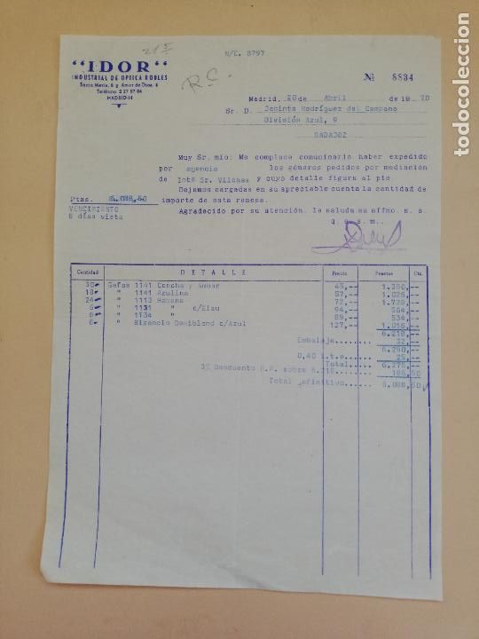 Fatture antiche: FACTURA. IDOR. INDUSTRIAL DE OPTICA ROBLES. MADRID, 1970.