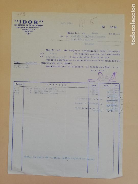 Fatture antiche: FACTURA. IDOR. INDUSTRIAL DE OPTICA ROBLES. MADRID, 1970.