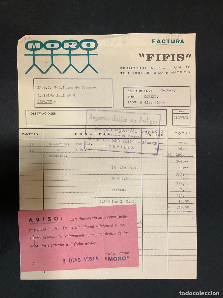 Fatture antiche: FACTURA. FIFIS. MORO. 1965. MADRID. FRANCISCO ABRIL 10. BANDERINES.