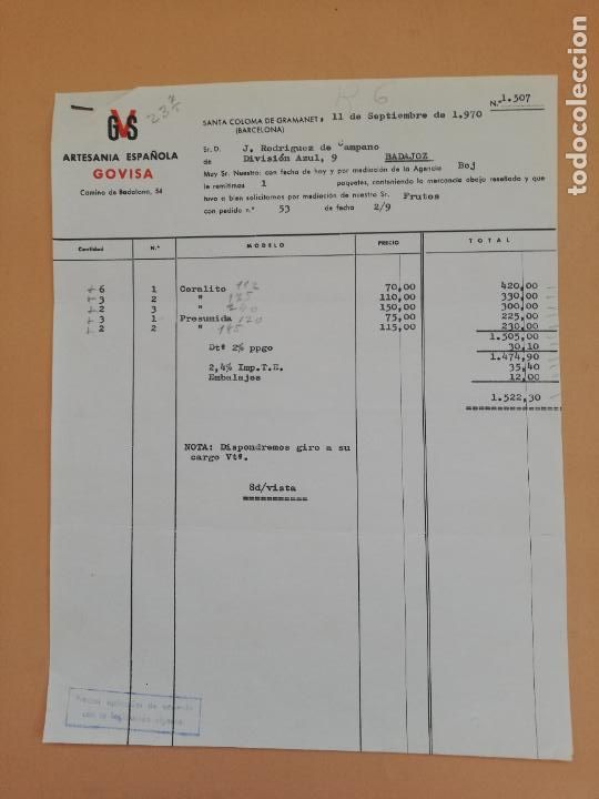 Fatture antiche: FACTURA. ARTESANIA ESPA&Ntilde;OLA GOVISA. SANTA COLOMA DE GRAMANET, BARCELONA, 1970.