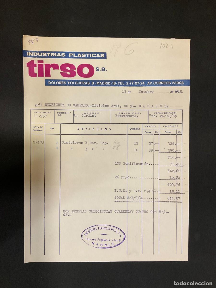 Fatture antiche: FACTURA. INDUSTRIAS PLASTICAS. TIRSO. DOLORES FOLGUERAS. MADRID. 1965