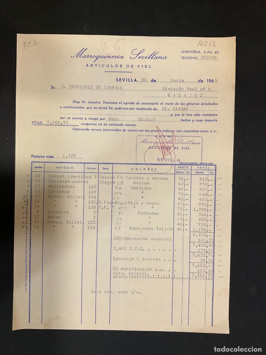 Fatture antiche: FACTURA. MARROQUINERIA SEVILLANA. ARTICULOS DE PIEL. SEVILLA 1967
