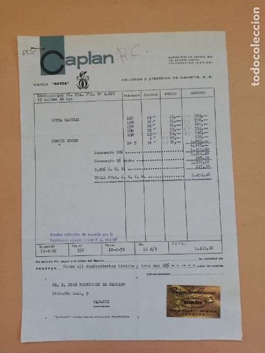 Fatture antiche: FACTURA. CAPLAN. CAUCHOS Y PLASTICOS DE NAVARRA. BADAJOZ. 1970.