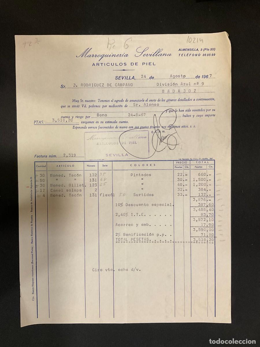 Fatture antiche: FACTURA. MARROQUINERIA SEVILLANA. ARTICULOS DE PIEL. SEVILLA 1967