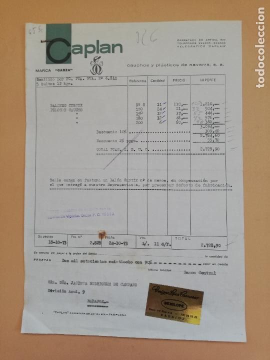 Facturas antiguas: FACTURA. CAPLAN. CAUCHOS Y PLASTICOS DE NAVARRA. BADAJOZ. 1973. - Foto 1